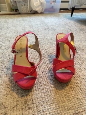 Anne Klein Hot Pink Suede Crisscross Platform Heels